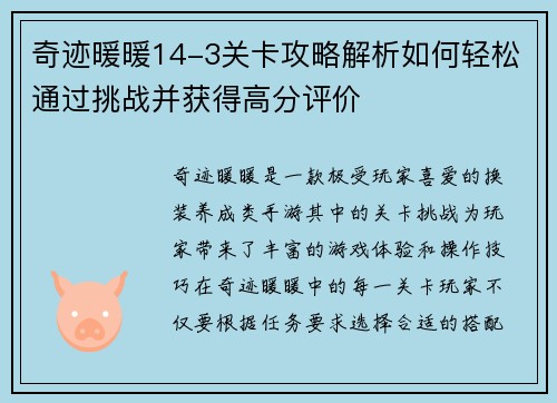 奇迹暖暖14-3关卡攻略解析如何轻松通过挑战并获得高分评价